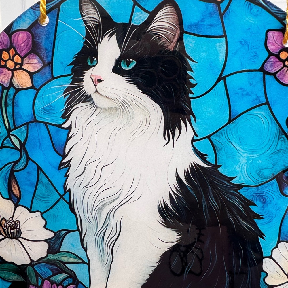 Elegant Black and White Tuxedo cat stained glass hanging